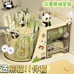 萌趣熊猫！旋转笔筒收纳盒儿童学生多功能一体抽屉式笔桶